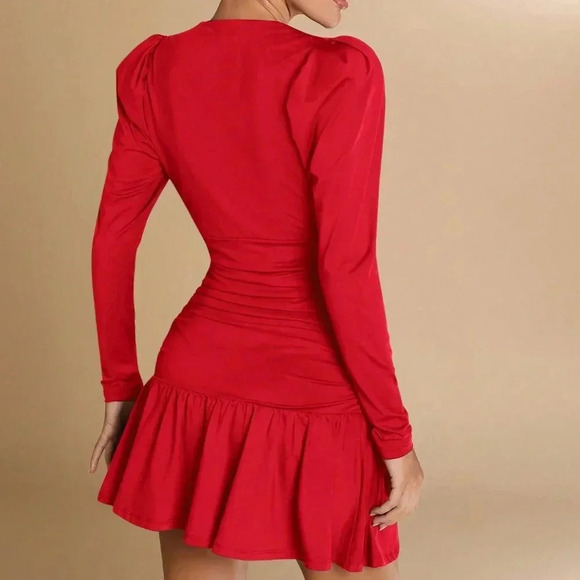 Red Elegant Women's Solid Deep V-Neck Long Sleeve Ruched Ruffle Hem Mini Dress - Picture 2 of 7